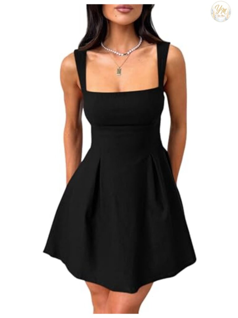 Women's Sleeveless Square Neck Bow Tie A-Line Mini Dress Adjustable Straps